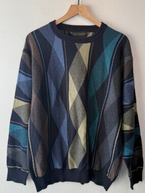 F/X Fusion Men's Geometric Argyle Crewneck Sweater Navy Blue Teal Size X-Large